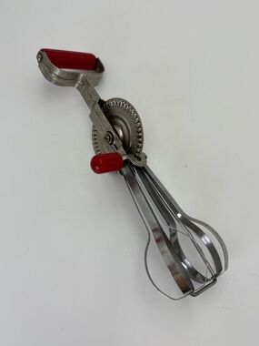 Vintage Androck Hand Crank Egg Beater Hand Mixer with Red Handles